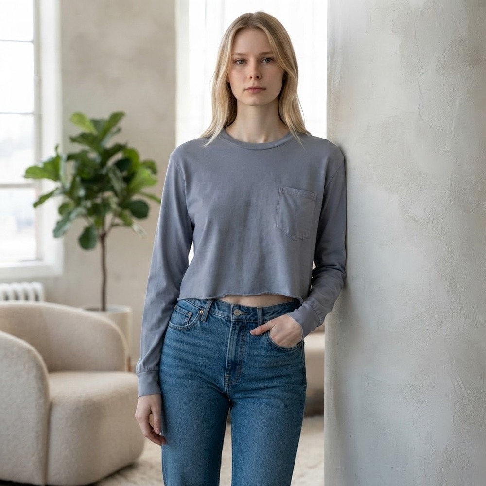 Brandy Melville Blue Gray Long Sleeve Cropped Pocket Tee Top Fall Layer